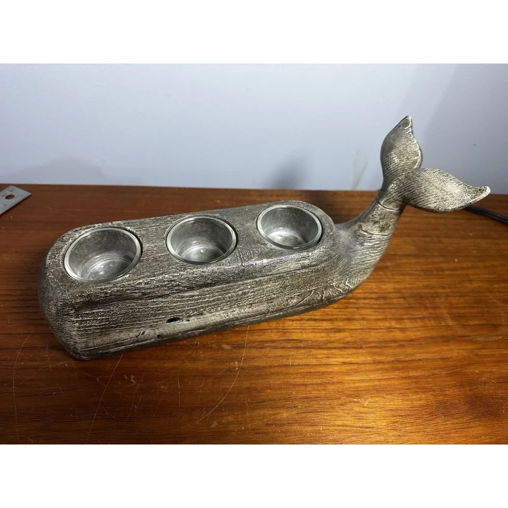 Distressed Wood Finish Resin Smiling Whale Three Hole Tealight Candle Holder